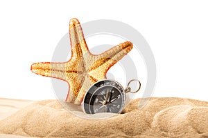 Sea star and compass in sand