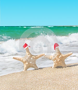 Sea-stars couple in santa hats walking at sea beach.