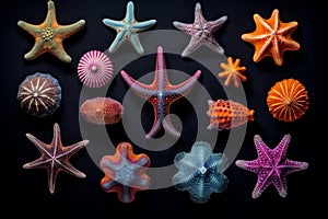 Sea stars isolated on black background. Set or collection. Generated AI