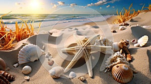 sea stars and pink scallop shell standing in sand