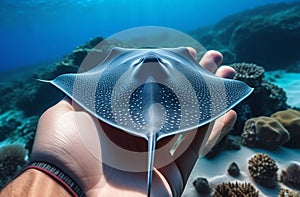 Sea stingray in the hands of a man