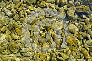 Sea stones in the sea water. Pebbles under water. The view from the top. Nautical background. Clean sea water. Transparent sea.