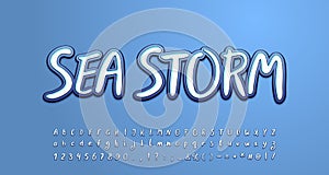 Sea storm alphabet white and gray-blue colors. Uppercase and lowercase letters, numbers, symbols. Vector illustration