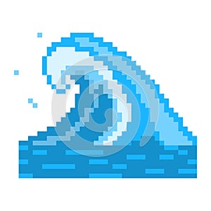 Sea storm pixel wave. Oceanic tsunami with huge blue ridges