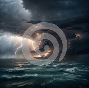 Sea Storm. Powerful Storm at Sea. Stormy Sea Illustration.