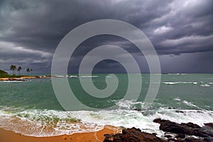 Sea stormy landscape over rocky coastline