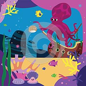 Sea story illustration Octopus and bubblefish