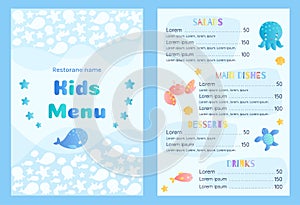 Sea style children`s menu vector template.