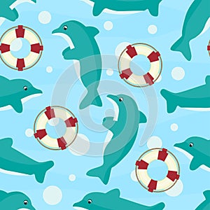 Sea style seamless background with dolphines and l