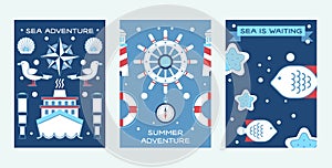 Sea summer adventure set of posters vector illustration. Nautical collection of things such as ship wheel, spyglass