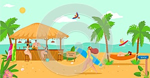 Sea summer vacation at beach bar, vector illustration. Tropical travel holiday at ocean, cartoon people man woman happy