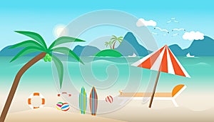 Sea and sun bird fly bright over blue sky cloud mountain background. concept holiday illustration vector
