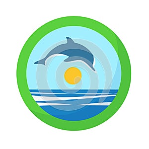 Sea sunny landscape with dolphin jumping over waves, round abstract sticker
