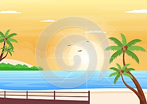 Sea Sunrise Landscape Above Morning Scene Ocean with Clouds, Water Surface, Palm Tree and Beach in Flat Background Illustration