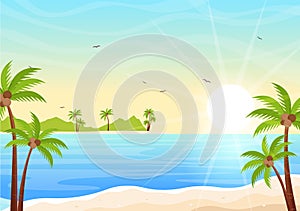 Sea Sunrise Landscape Above Morning Scene Ocean with Clouds, Water Surface, Palm Tree and Beach in Flat Background Illustration