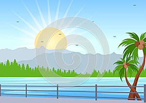 Sea Sunrise Landscape Above Morning Scene Ocean with Clouds, Water Surface, Palm Tree and Beach in Flat Background Illustration