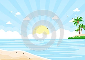 Sea Sunrise Landscape Above Morning Scene Ocean with Clouds, Water Surface, Palm Tree and Beach in Flat Background Illustration