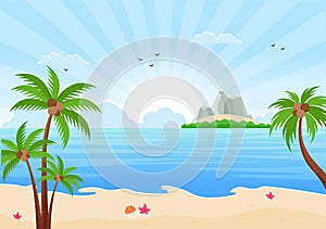 Sea Sunrise Landscape Above Morning Scene Ocean with Clouds, Water Surface, Palm Tree and Beach in Flat Background Illustration