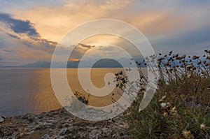 Sea, sunset, mountains, clouds, bushes