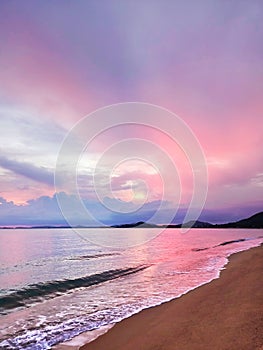 Sea sunset, ocean sunrise, tropical island beach, pink red purple cloud, paradise landscape, summer holidays, vacation
