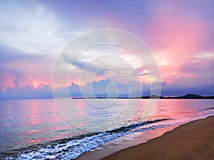 Sea sunset, ocean sunrise, tropical island beach, pink red purple cloud, paradise landscape, summer holidays, vacation