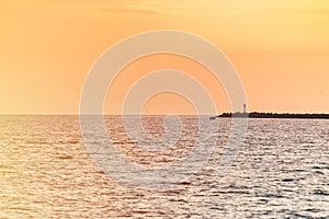 Sea sunset over pier, Beautiful seascape, Dreams of travel and freedom, Buoys at sea, Sundown sky and claim weather