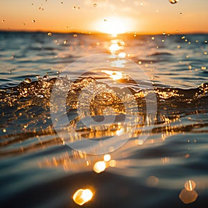 Sea sunset surf great wave break. Waves with sparkling reflection