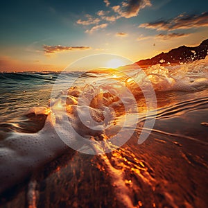 Sea sunset surf great wave break. Waves with sparkling reflection