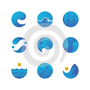 Sea surface, ocean waves logos and water labels. Swimming pool badges. Isolated vector set