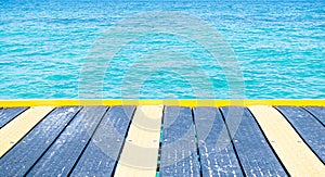 Sea Table Background Summer Tropical Blue Ocean with Sky Horizon Island Deck Mockup Stage Product Beauty Cosmetic Sunscreen for
