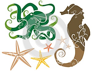 Sea Theme: Seahorse Octopus Starfish COLOR