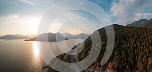 Sea to Sky Highway on Pacific Ocean West Coast. Aerial Panorama.