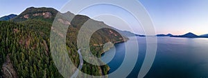 Sea to Sky Highway on Pacific Ocean West Coast. Aerial Panorama.