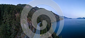 Sea to Sky Highway on Pacific Ocean West Coast. Aerial Panorama.