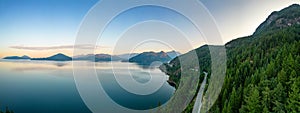 Sea to Sky Highway on Pacific Ocean West Coast. Aerial Panorama.