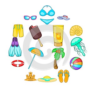 Sea tour icons set, cartoon style