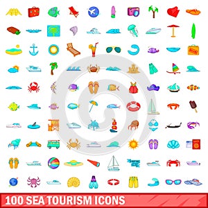 100 sea tourism icons set, cartoon style