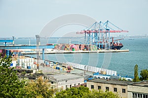 Sea Trade Port, Odessa City. Container terminal. Cranes, cargo ships. Horizon