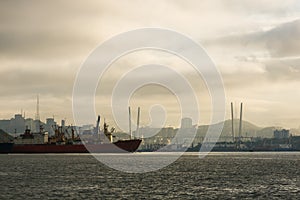 The sea trade port of Vladivostok on the background of the Golden Bridge across the Golden Horn Bay in the rays of the rising sun