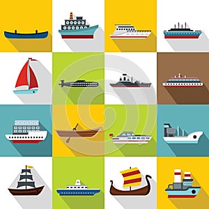 Sea transport icons set, flat style