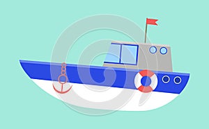 Sea transport isolated on a blue background. Boat with anchor and cabin vector illustration