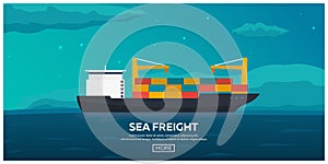 Sea transportation logistic. Sea Freight. Maritime shipping. Merchant Marine. Cargo ship. Vector flat illustration.