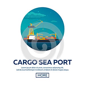 Sea transportation logistic. Sea Freight. Maritime shipping. Merchant Marine. Cargo ship. Vector flat illustration.