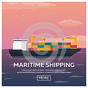 Sea transportation logistic. Sea Freight. Maritime shipping. Merchant Marine. Cargo ship. Vector flat illustration.