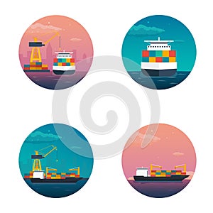 Sea transportation logistic. Sea Freight. Maritime shipping. Merchant Marine. Cargo ship. Vector flat illustration.