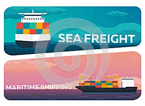 Sea transportation logistic. Sea Freight. Maritime shipping. Merchant Marine. Cargo ship. Vector flat illustration.