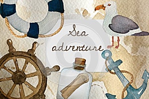 Sea travel adventure watercolor poster illustration for summer vacation or children party game, retro hand drawn photo