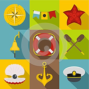 Sea travel icons set, flat style