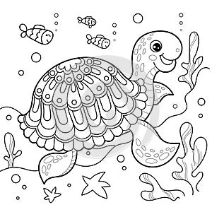 Sea turtle. Black and white linear drawing. Vector