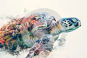 A sea turtle blending with the colors and textures of coral reefs in a double exposure